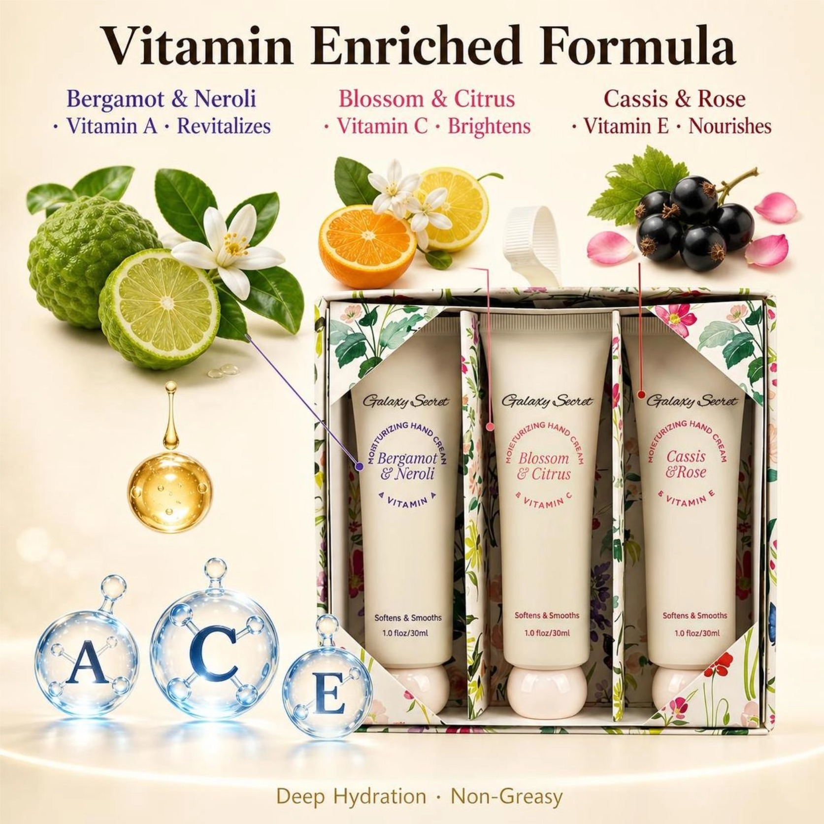 Floral Hand Cream Gift Set 30ml Vitamin A C E Bergamot Neroli Citrus Rose Moisturizing Smooth Private Label Custom Wholesale