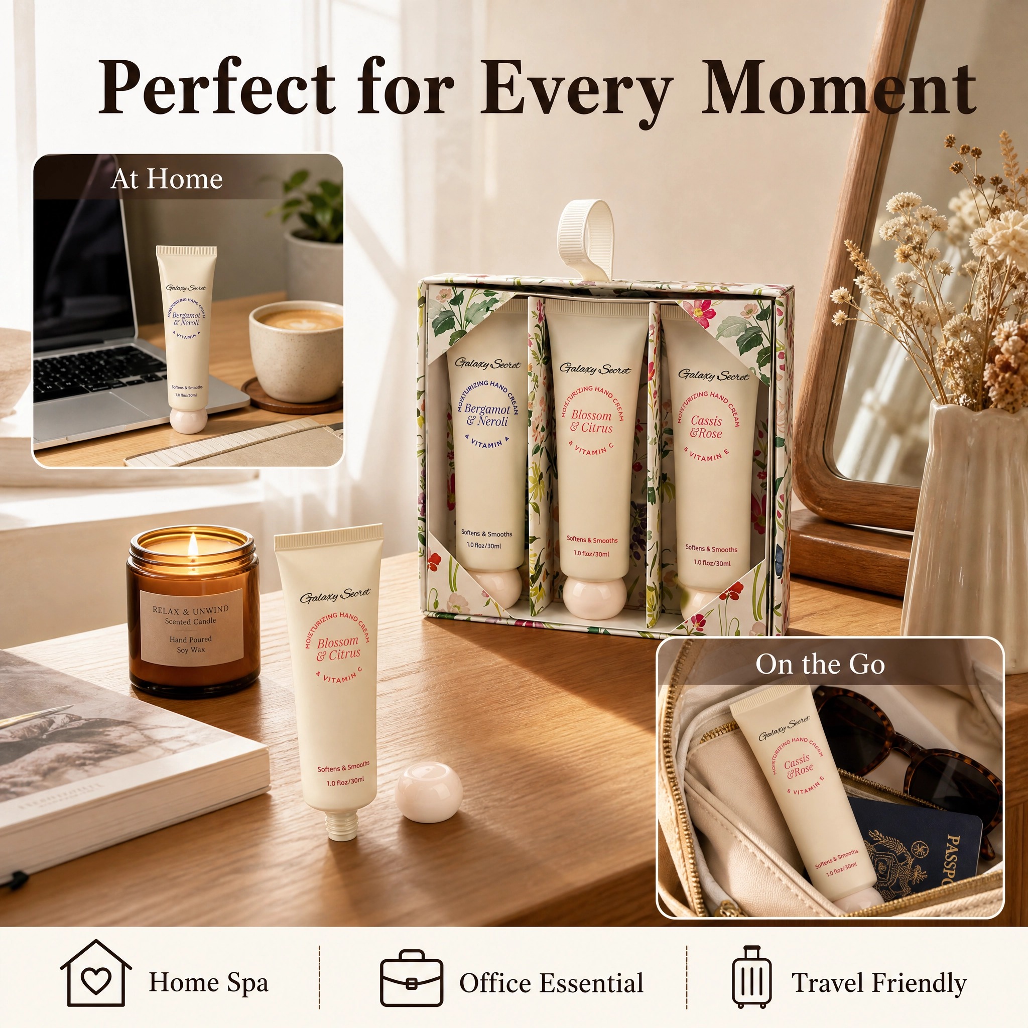 Floral Hand Cream Gift Set 30ml Vitamin A C E Bergamot Neroli Citrus Rose Moisturizing Smooth Private Label Custom Wholesale