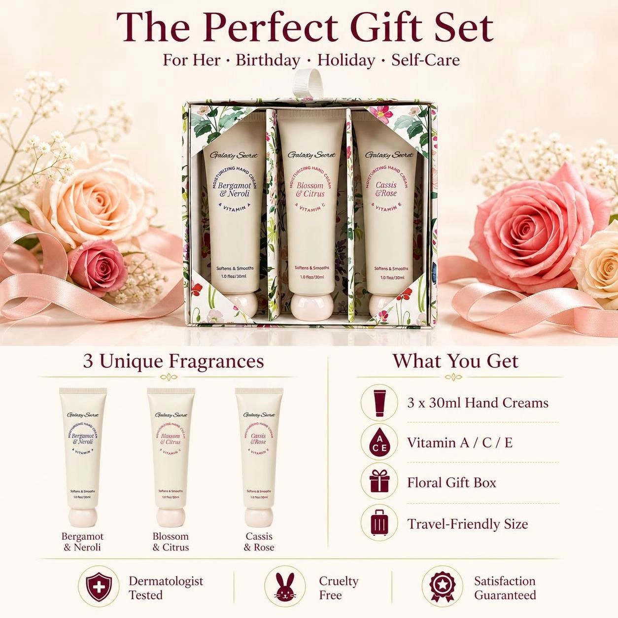Floral Hand Cream Gift Set 30ml Vitamin A C E Bergamot Neroli Citrus Rose Moisturizing Smooth Private Label Custom Wholesale