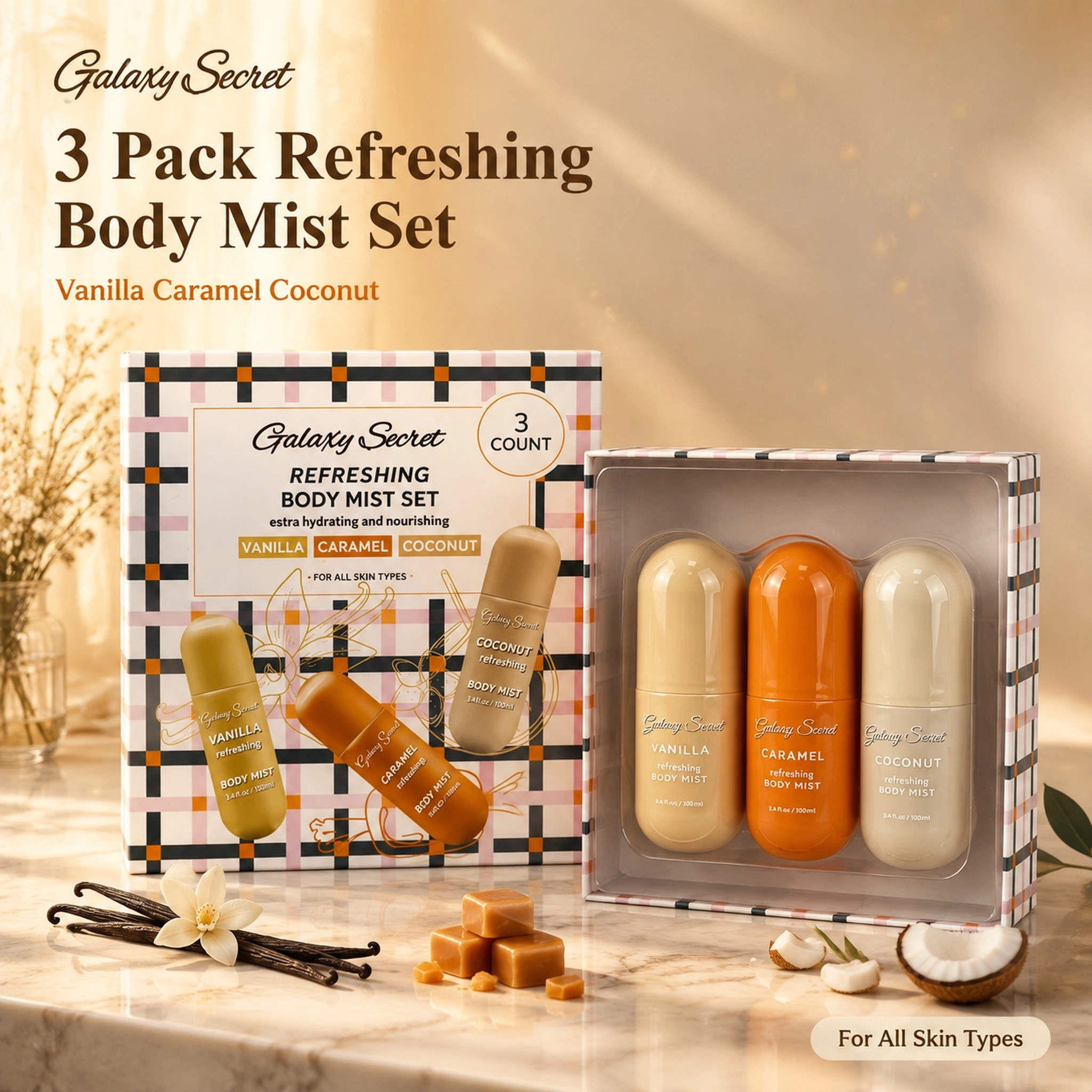 Refreshing Body Mist Gift Set 100ml Vanilla Caramel Coconut Hydrating Long Lasting Fragrance Private Label Custom Logo Wholesale