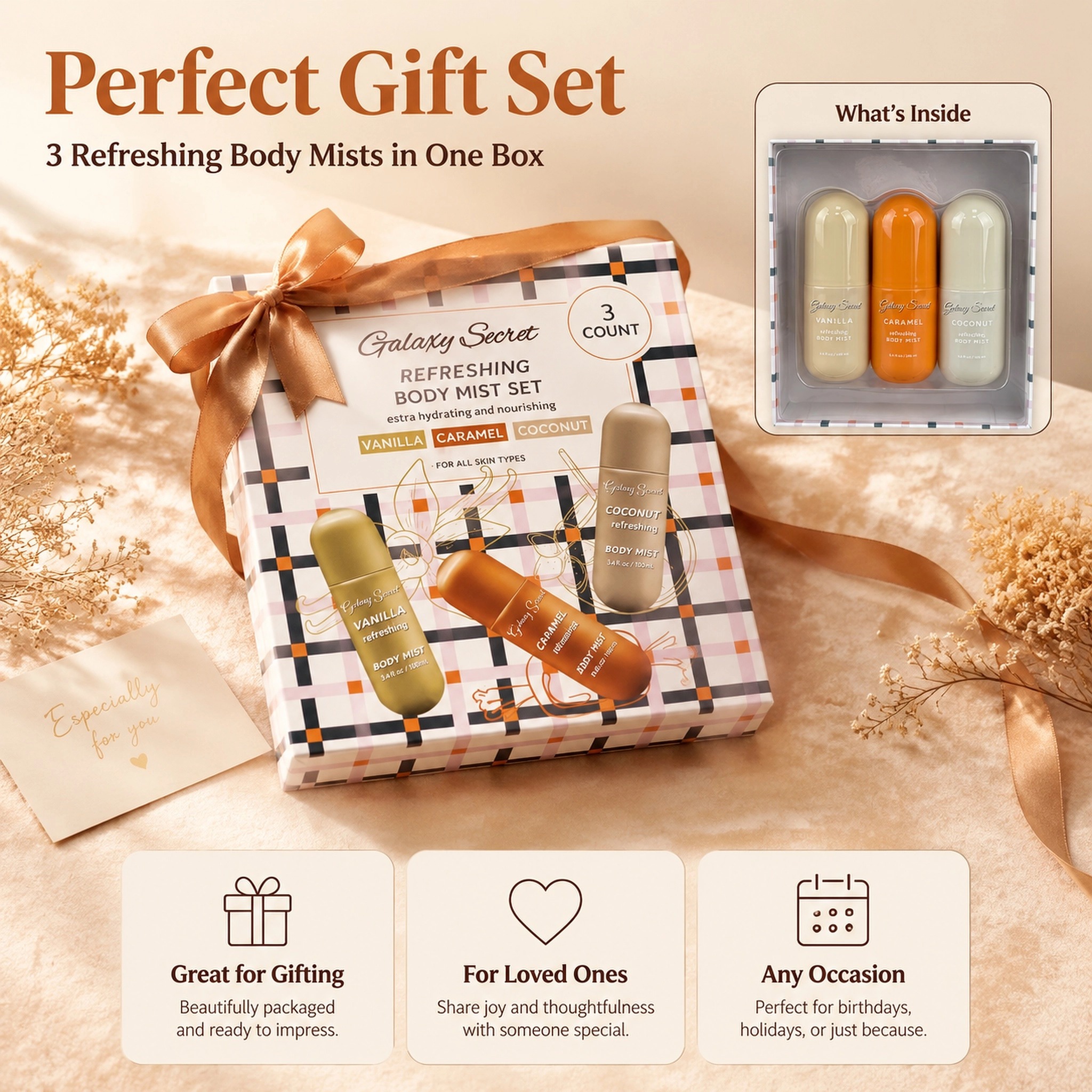 Refreshing Body Mist Gift Set 100ml Vanilla Caramel Coconut Hydrating Long Lasting Fragrance Private Label Custom Logo Wholesale