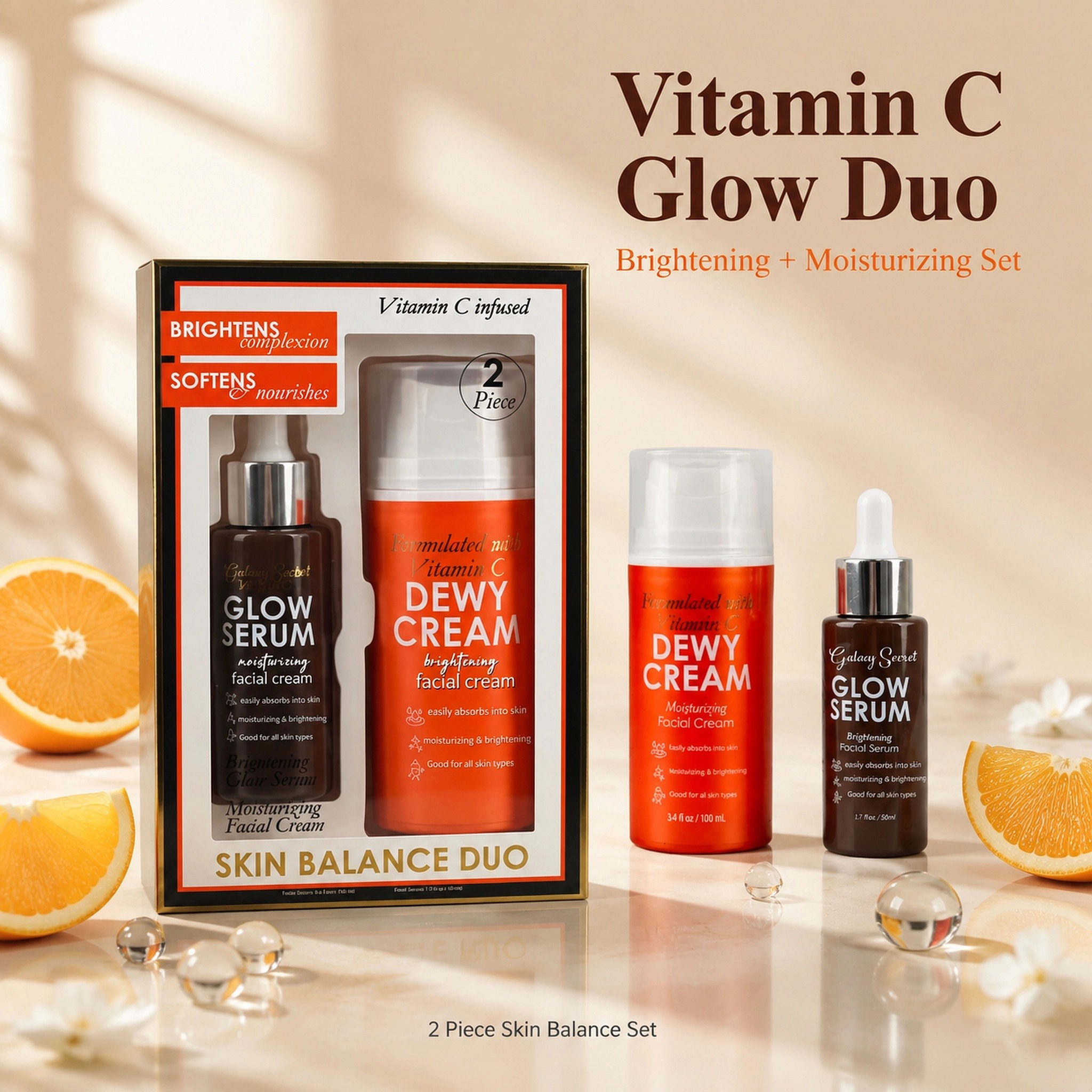 Skin Care Set Glow Facial Serum & Dewy Face Cream Moisturizing Brightening Nourishing Facial Kit Private Label Wholesale