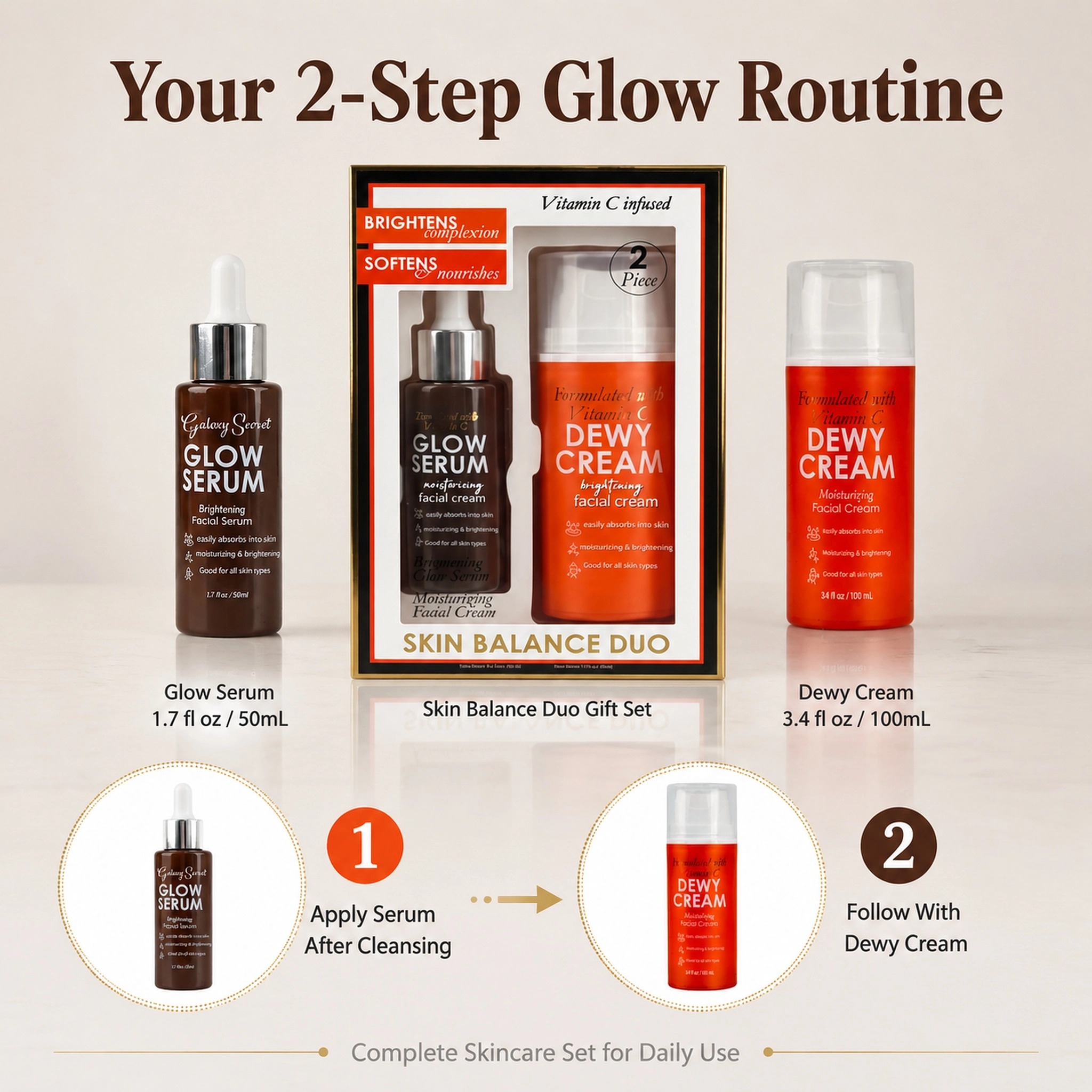 Skin Care Set Glow Facial Serum & Dewy Face Cream Moisturizing Brightening Nourishing Facial Kit Private Label Wholesale