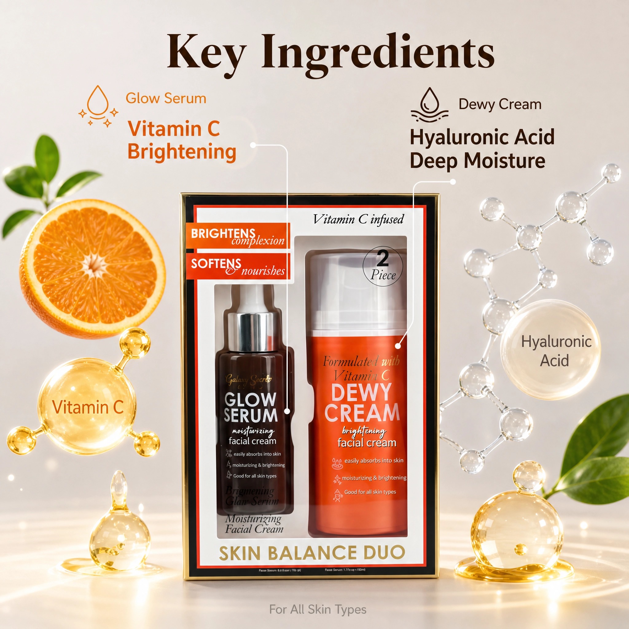 Skin Care Set Glow Facial Serum & Dewy Face Cream Moisturizing Brightening Nourishing Facial Kit Private Label Wholesale