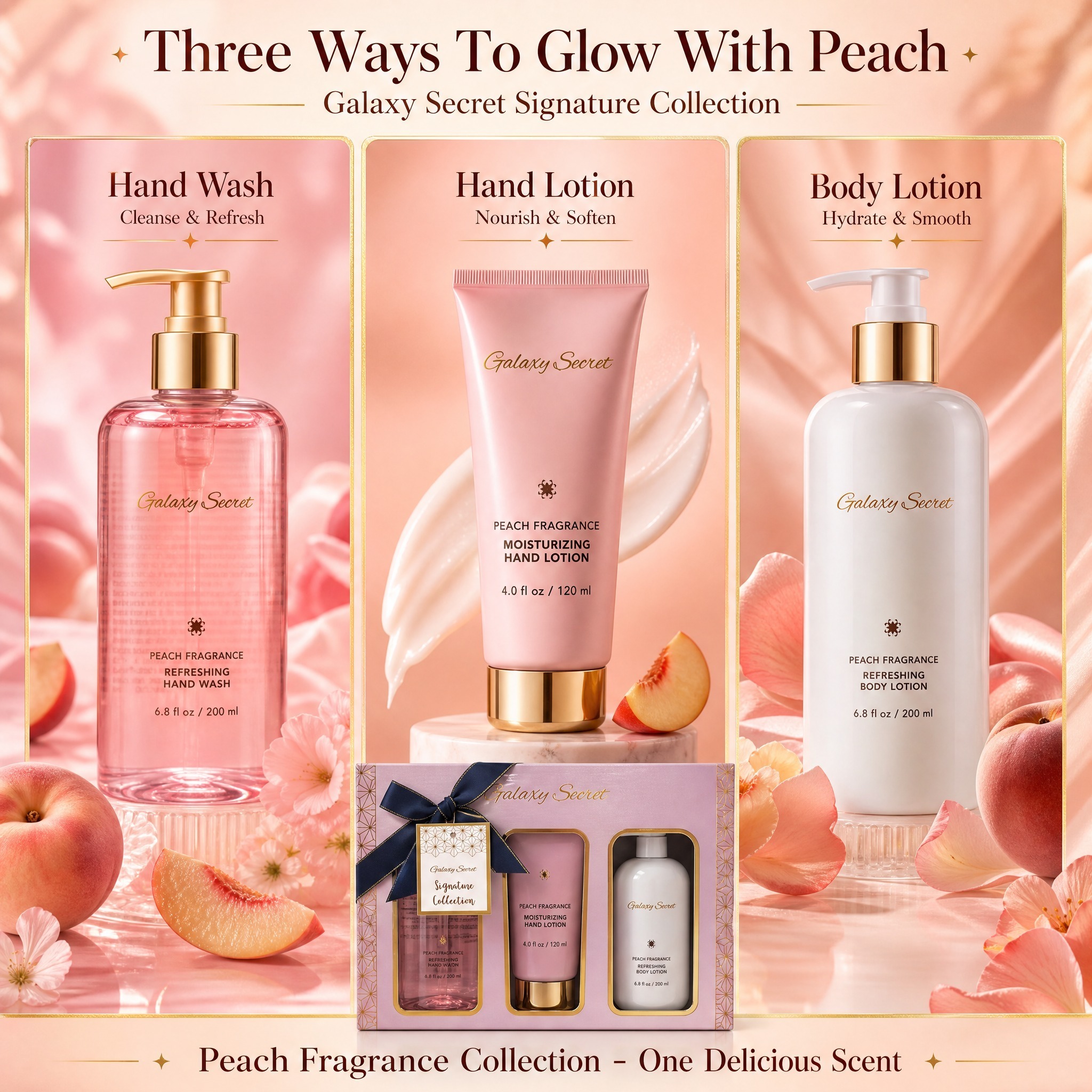 Oem/odm Galaxy Secret Privacy Label Moisturizer Refreshing Luxury Peach Scent Body Gift Set