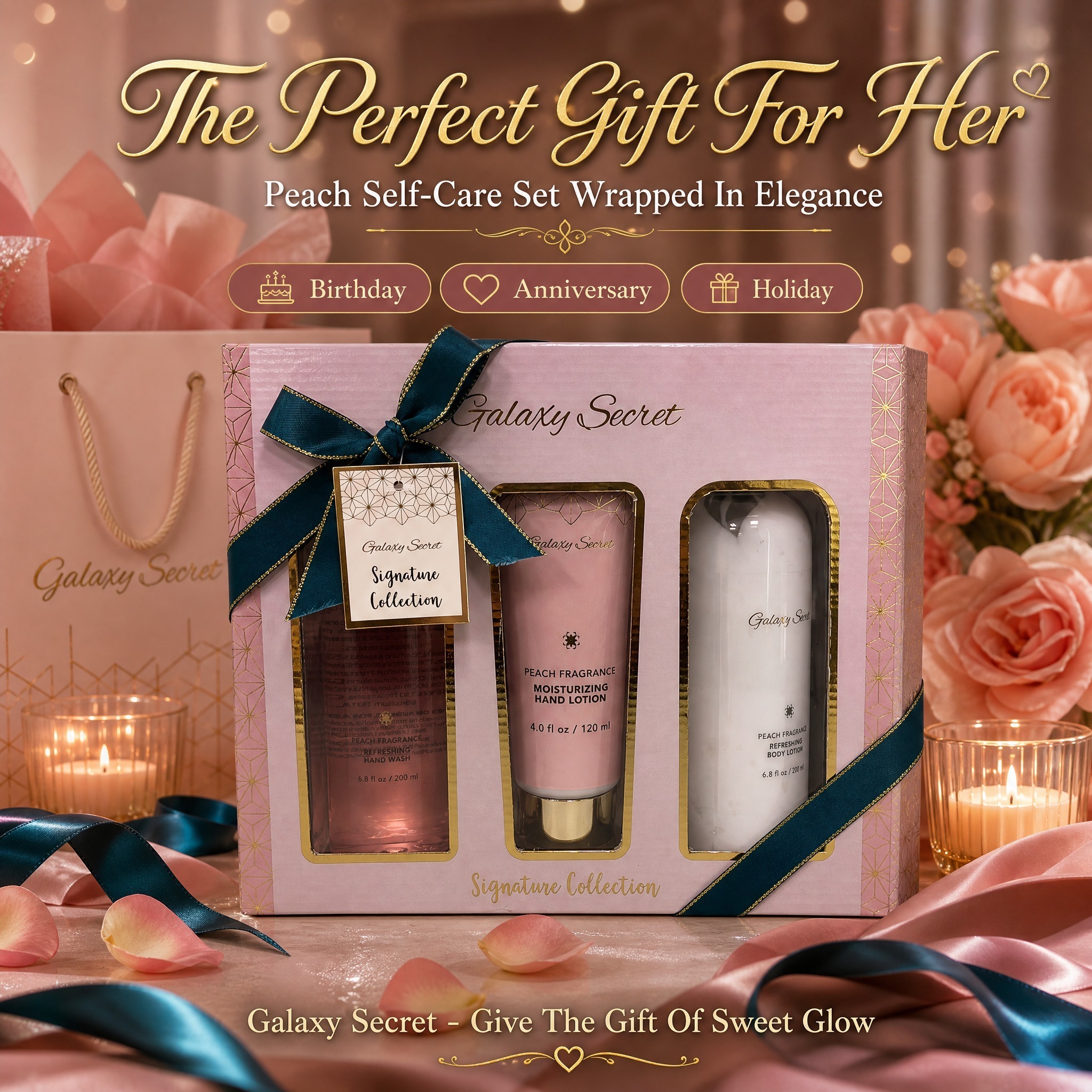 Oem/odm Galaxy Secret Privacy Label Moisturizer Refreshing Luxury Peach Scent Body Gift Set