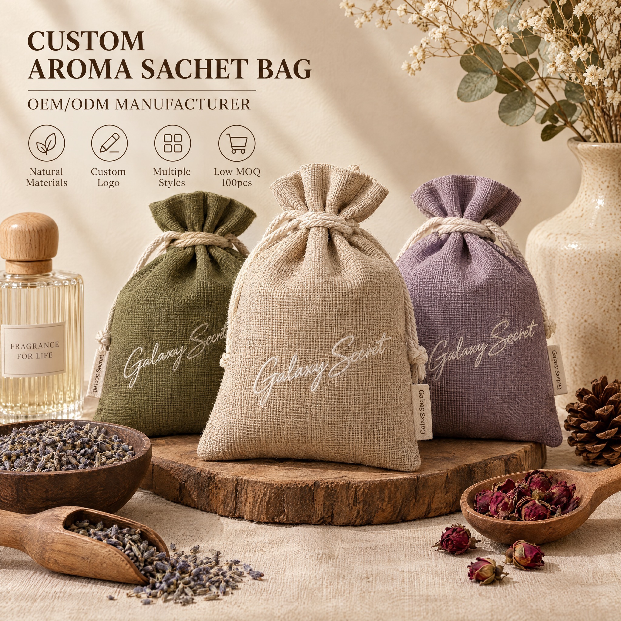 Galaxy Secret Linen Drawstring Botanical Floral Print Fragrance Sachet Natural Plant Extract Lasting Scent Wardrobe Cabinet