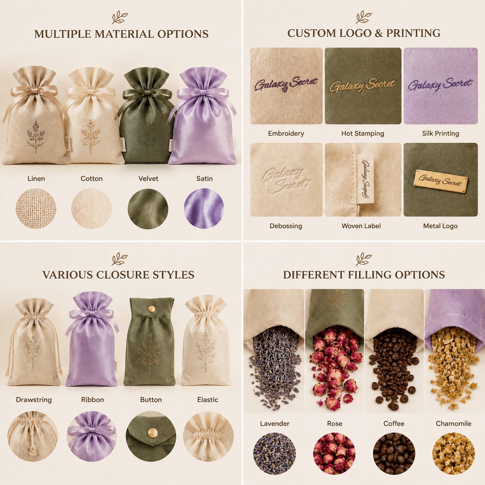 Galaxy Secret Linen Drawstring Botanical Floral Print Fragrance Sachet Natural Plant Extract Lasting Scent Wardrobe Cabinet