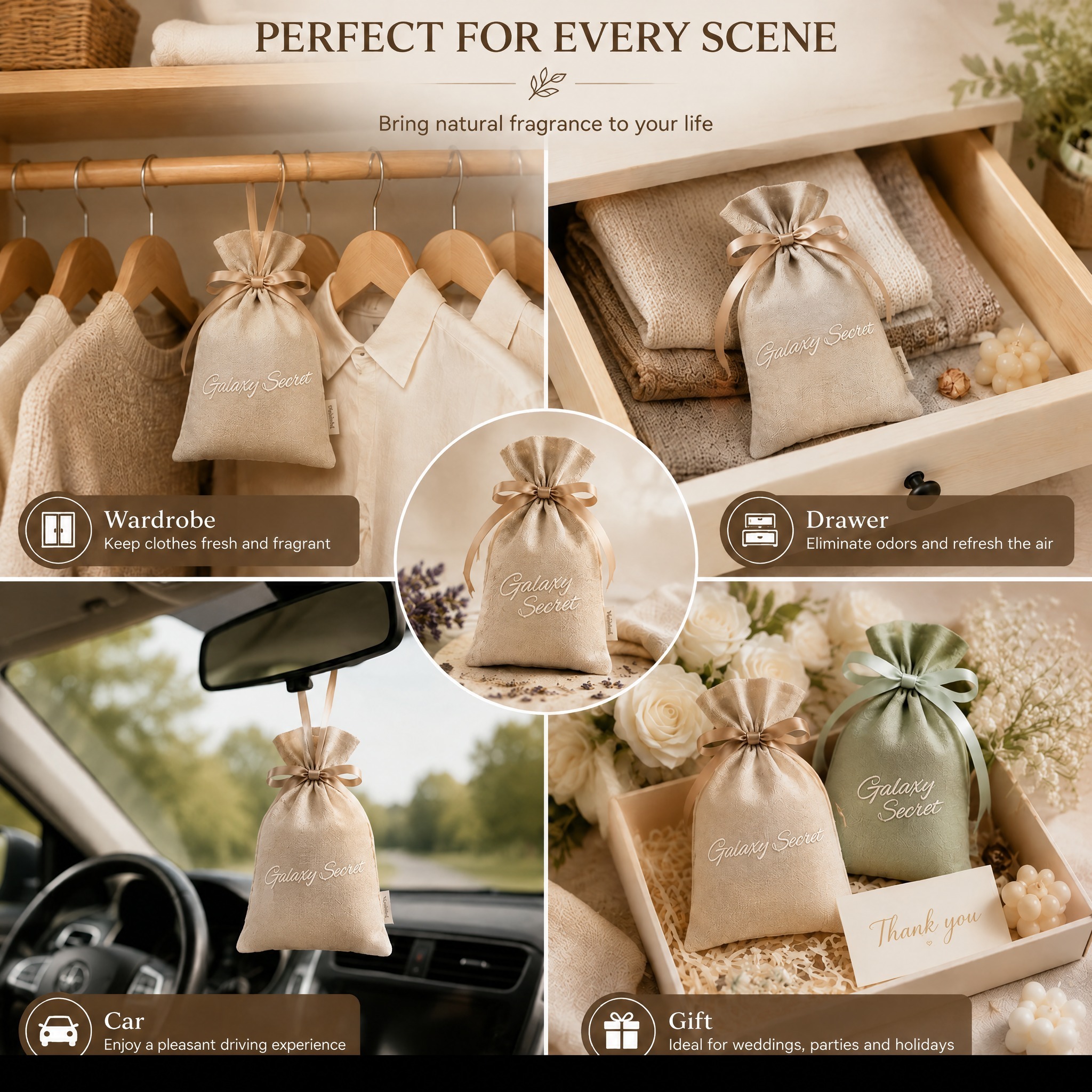 Galaxy Secret Linen Drawstring Botanical Floral Print Fragrance Sachet Natural Plant Extract Lasting Scent Wardrobe Cabinet
