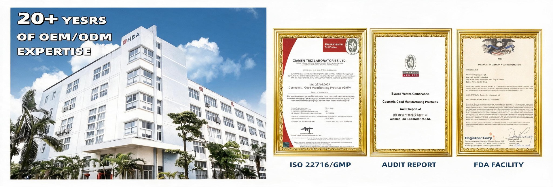 20+ years of OEM/ODM expertise — ISO 22716/GMP, Audit Report, FDA Facility